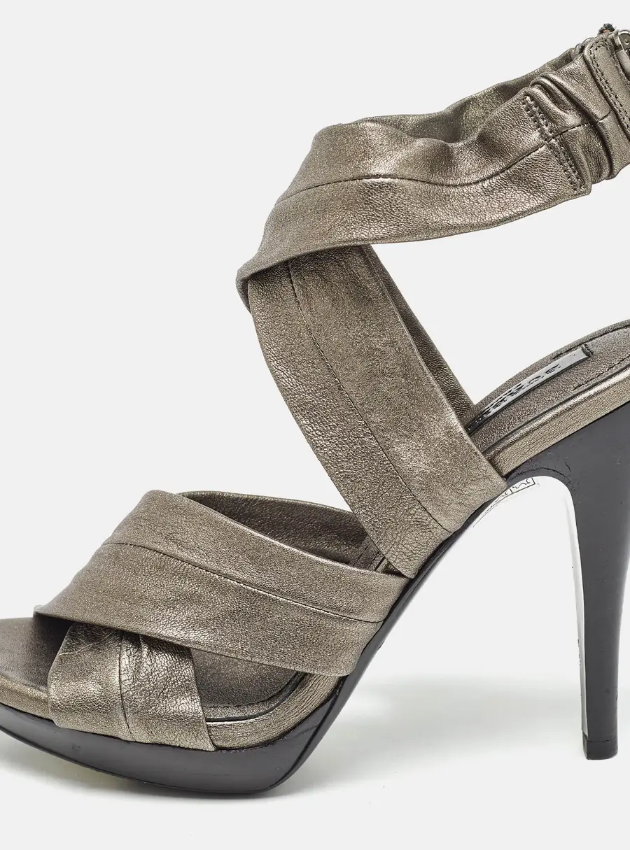 Burberry Grey Leather Platform Ankle Wrap Sandals Size 39