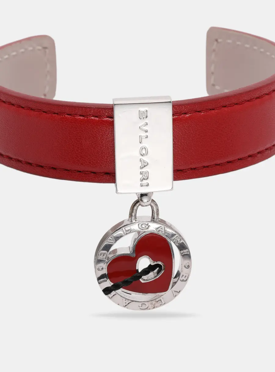 Bvlgari Red Leather Sterling Silver 925 Open Cuff Bracelet