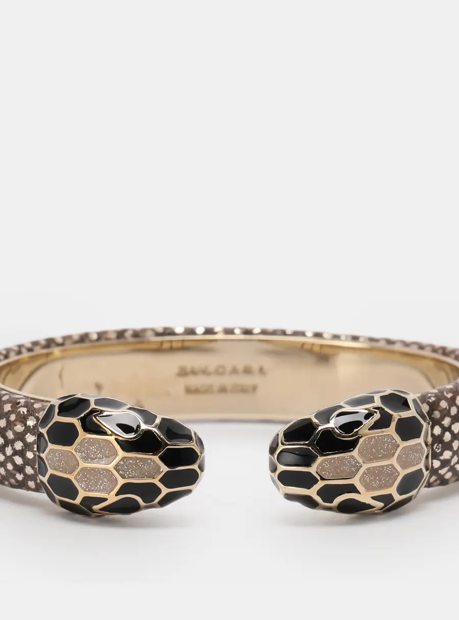 Bvlgari Serpenti Forever Gold Tone Metal and Karung Leather Bangle Bracelet 14.5 cm