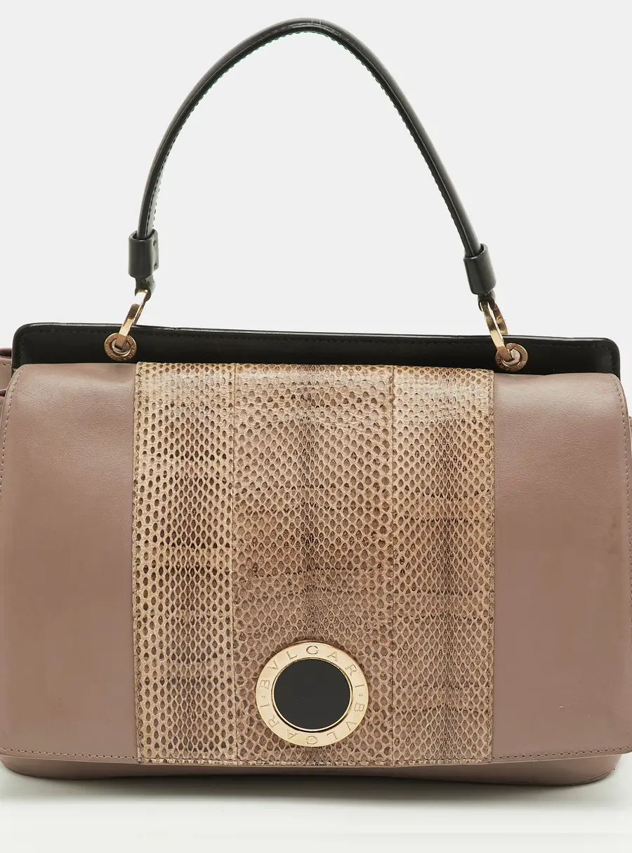 Bvlgari Duet Brown/Beige Leather and Snakeskin Top Handle Bag