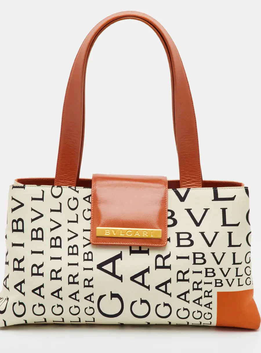 Bvlgari Logomania Orange/Off White Satin and Leather Tote