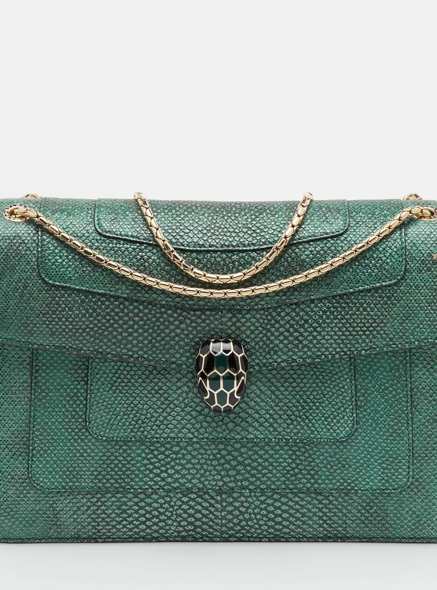 Bvlgari Serpenti Forever Medium Green Karung Leather Flap Shoulder Bag