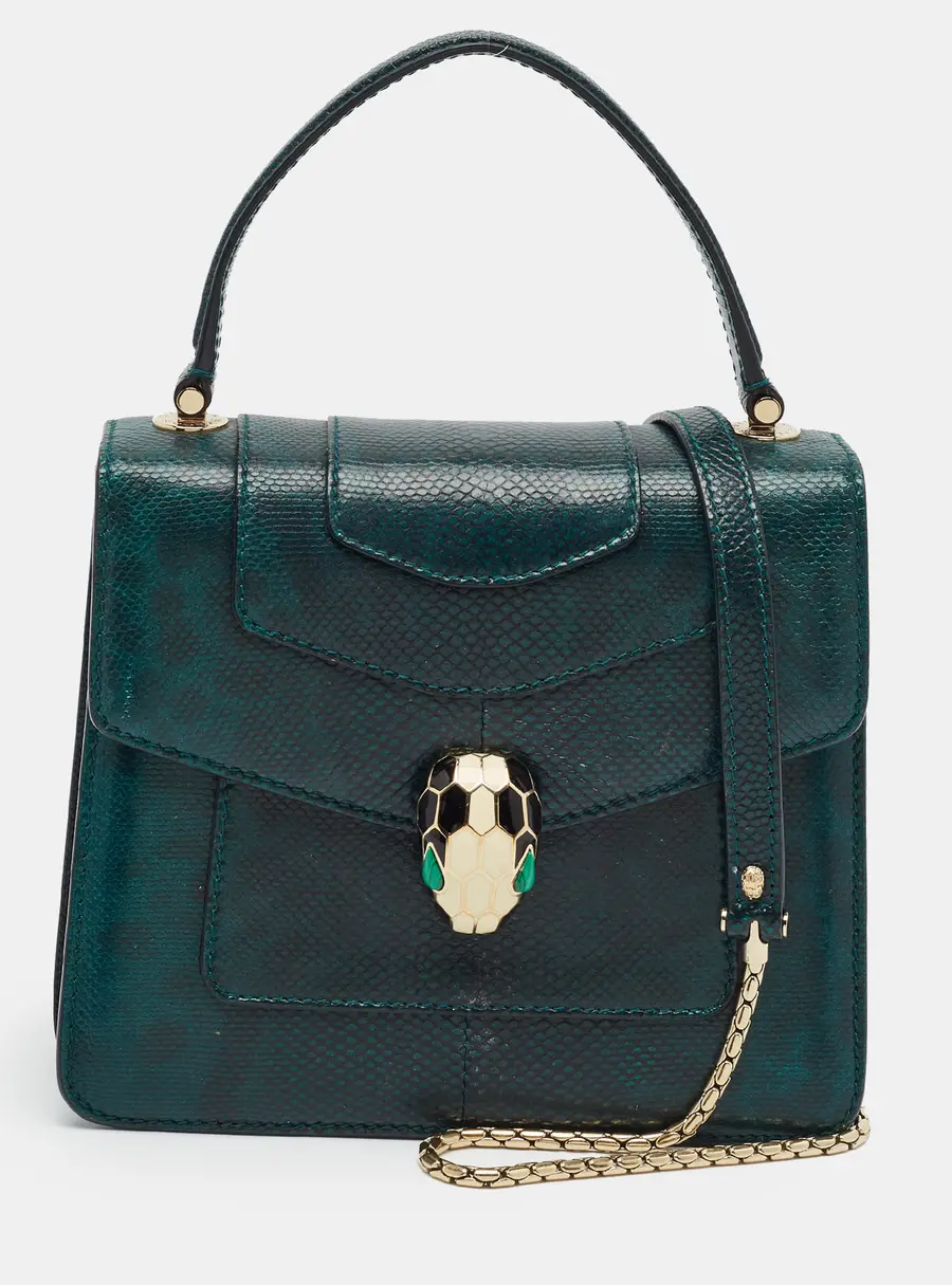 Bvlgari Serpenti Forever Small Green Karung Leather Top Handle Bag
