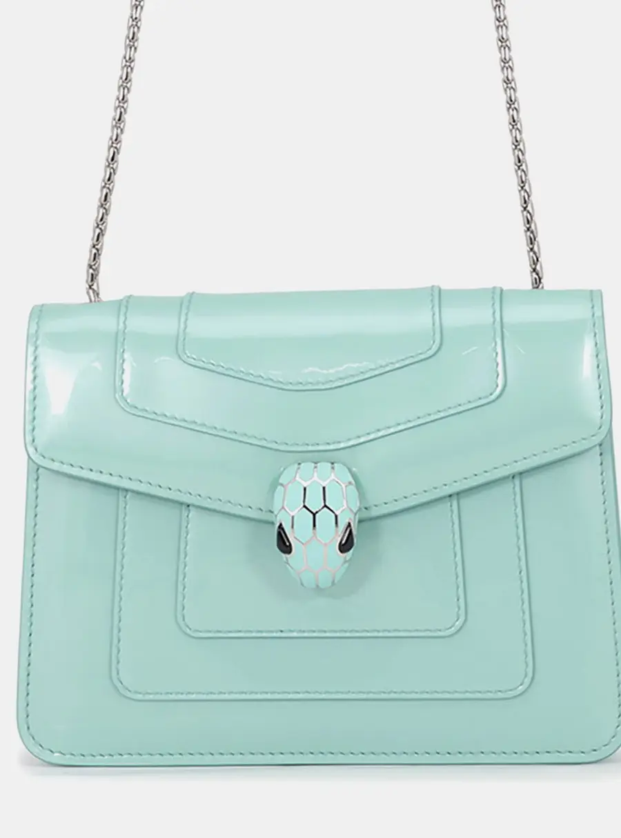 Bvlgari Serpenti Forever Shoulder Bag Aquamarine Patent Leather Size Small