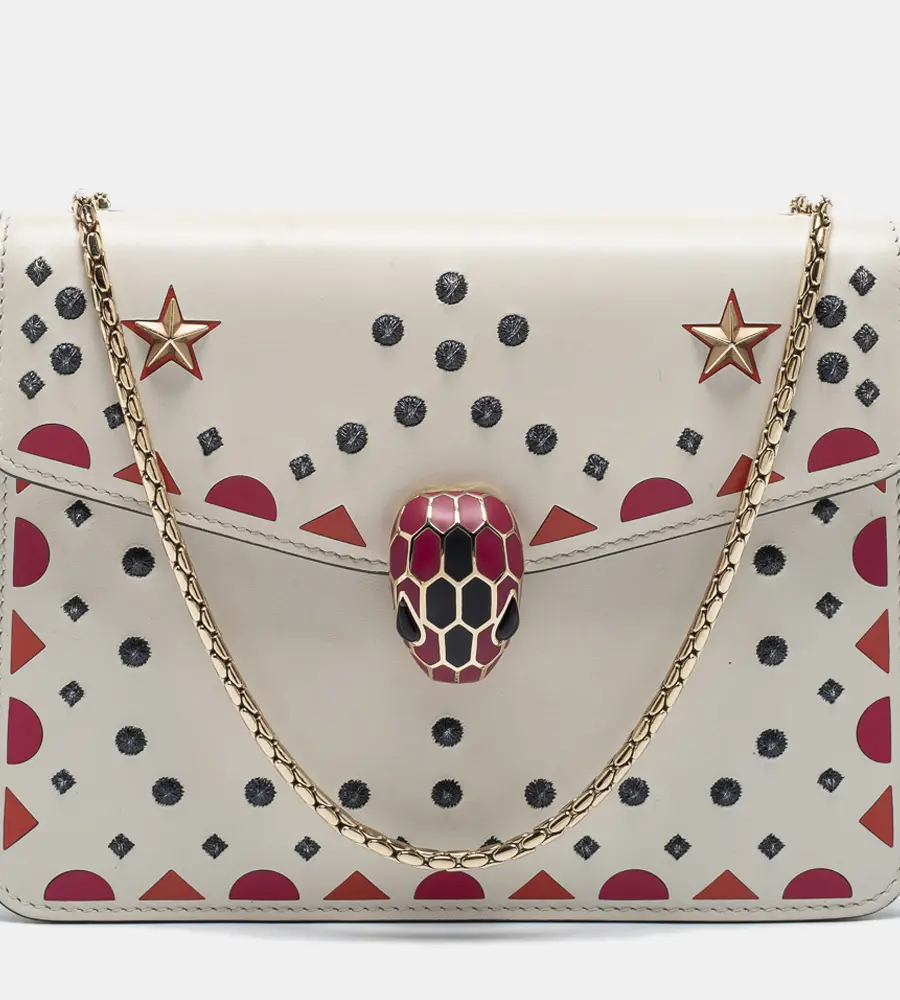 Bvlgari Off White Printed and Embroidered Leather Small Serpenti Forever Shoulder Bag