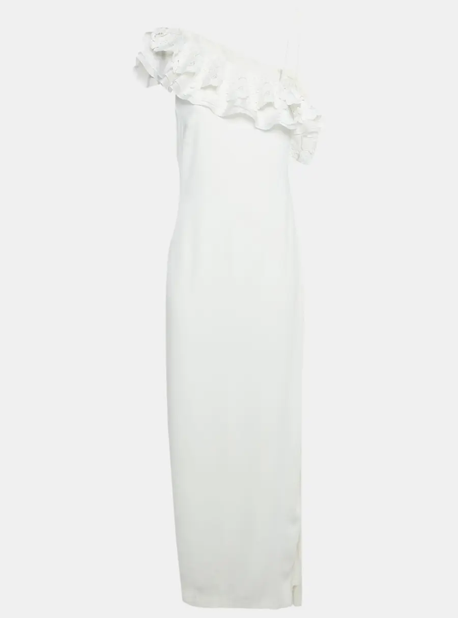 Badgley Mischka White Crepe Ruffle Lace Detail One Shoulder Gown M