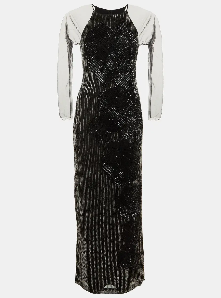 Badgley Mischka Black Embellished Mesh Gown L