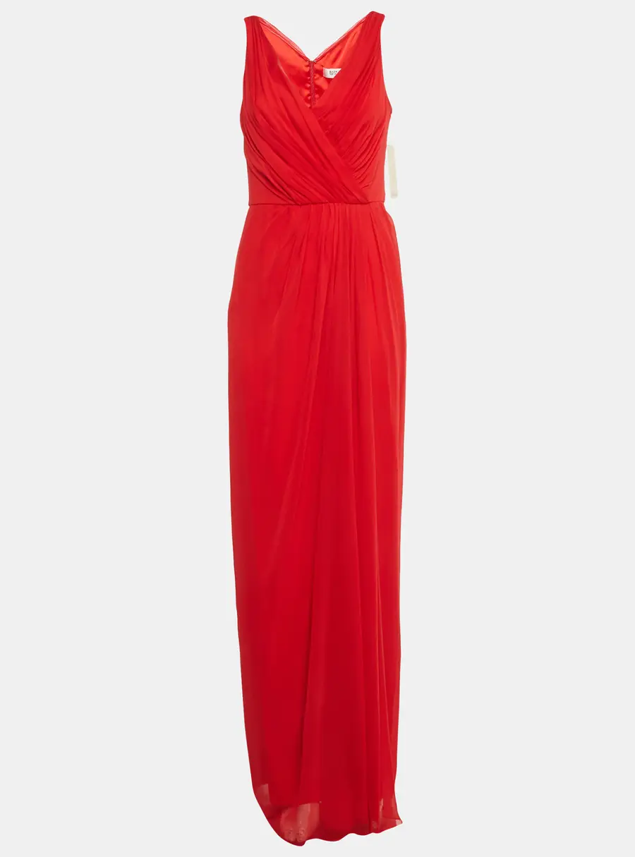 Badgley Mischka Red Silk Pleated Sleeveless Gown L