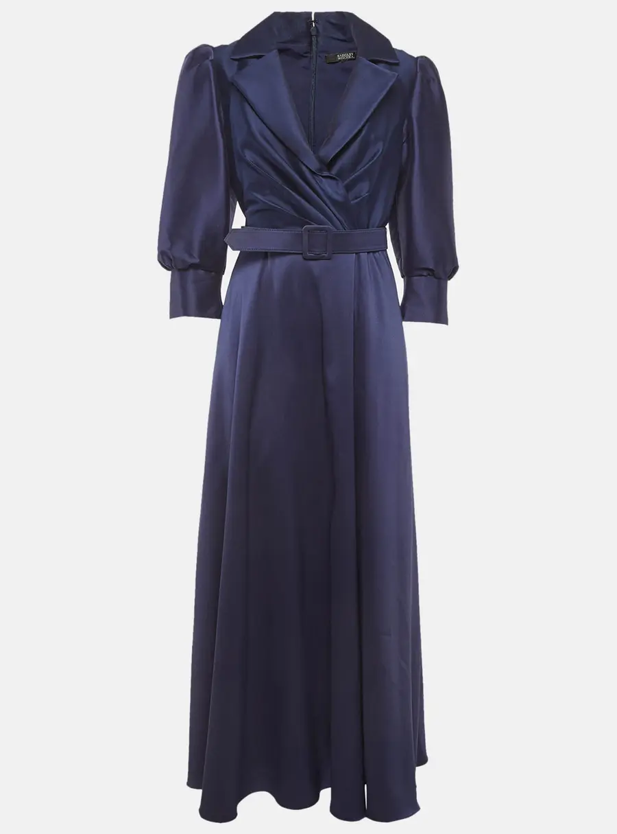 Badgley Mischka Navy Blue Twill Belted Collared Gown M