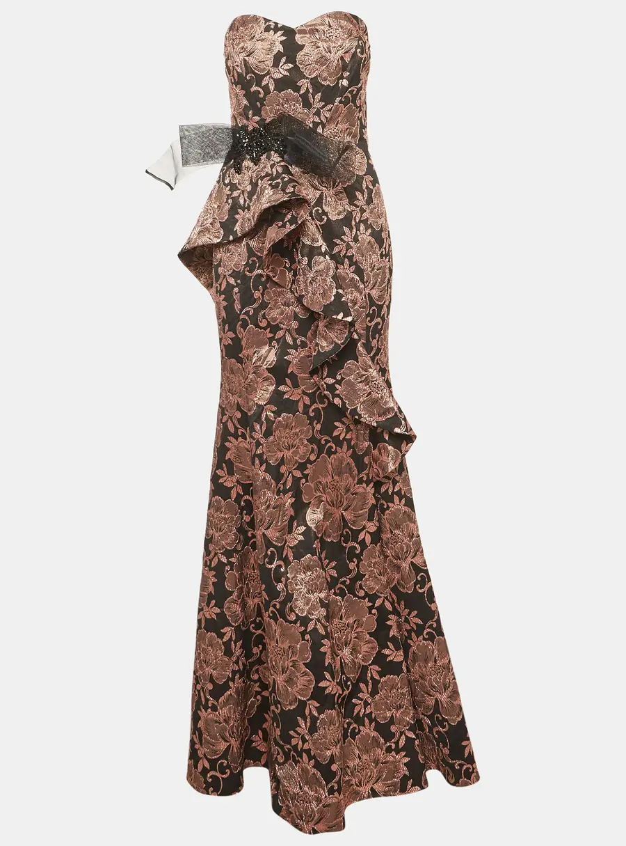 Badgley Mischka Black/Pink Floral Jacquard Ruffled Strapless Gown L