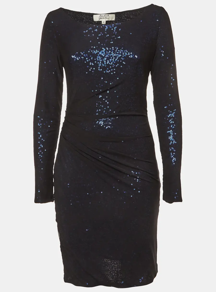 Badgley Mischka Black/Blue Sequin Nylon Ruched Cocktail Dress M