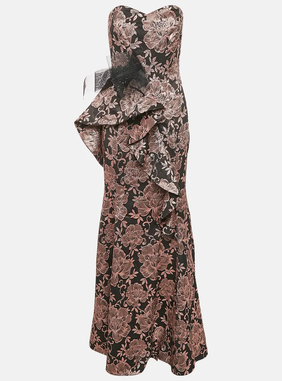 Badgley Mischka Black/Metallic Floral Jacquard Ruffled Strapless Gown M