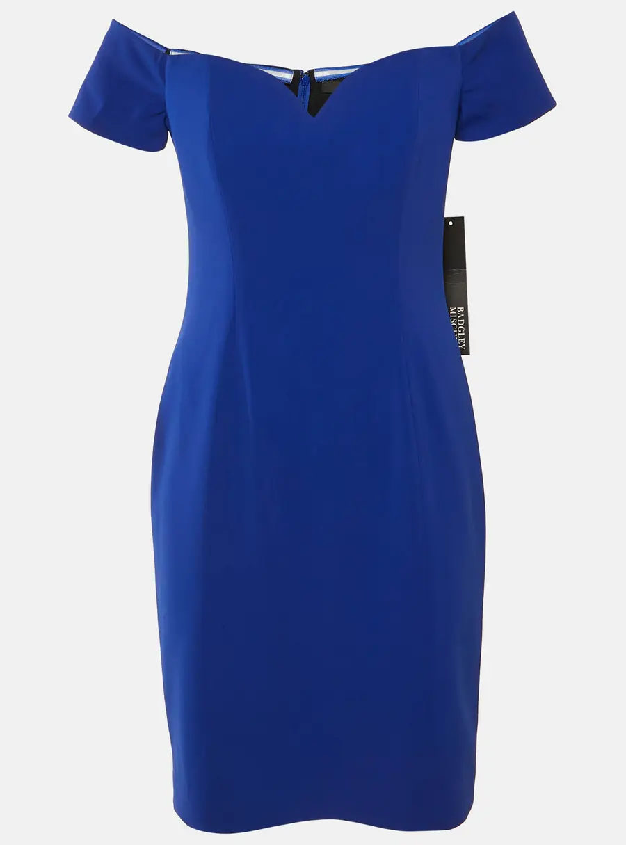 Badgley Mischka Blue Crepe Off Shoulder Mini Dress M