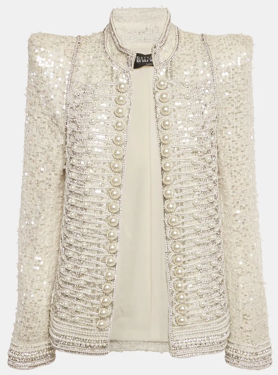 Balmain Off White Tweed Embellished Open Front Jacket M