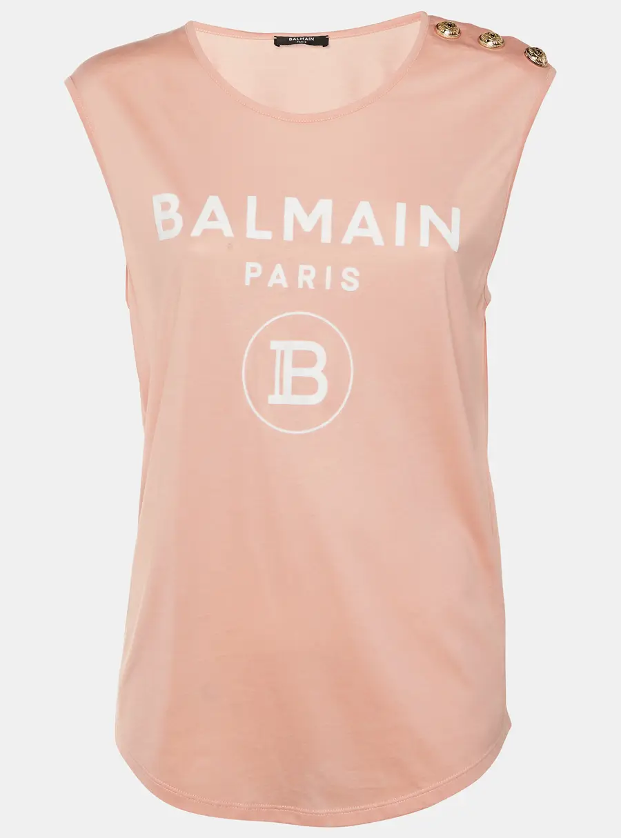 Balmain Peach Logo Applique Cotton Sleeveless T-Shirt M