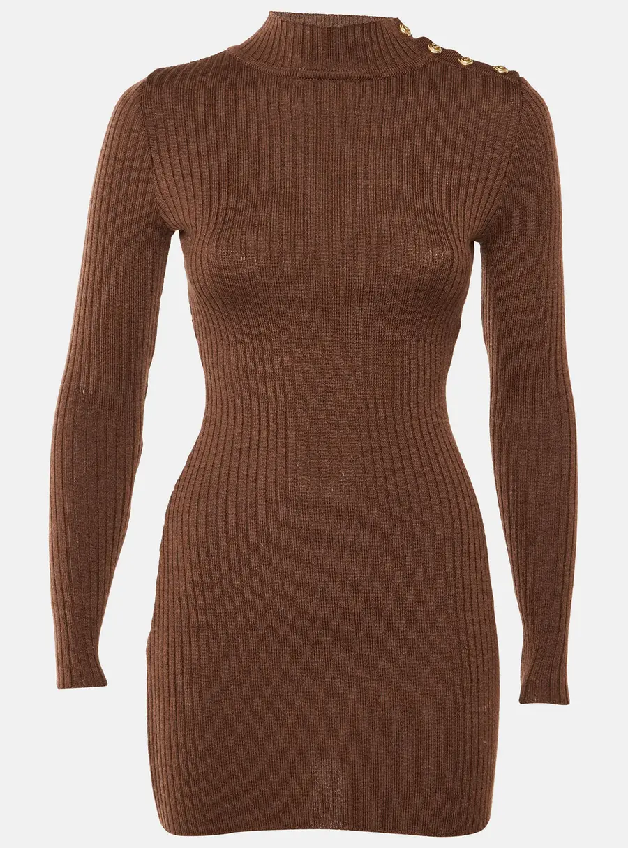 Balmain Brown Merino Wool Knit Bodycon Dress S