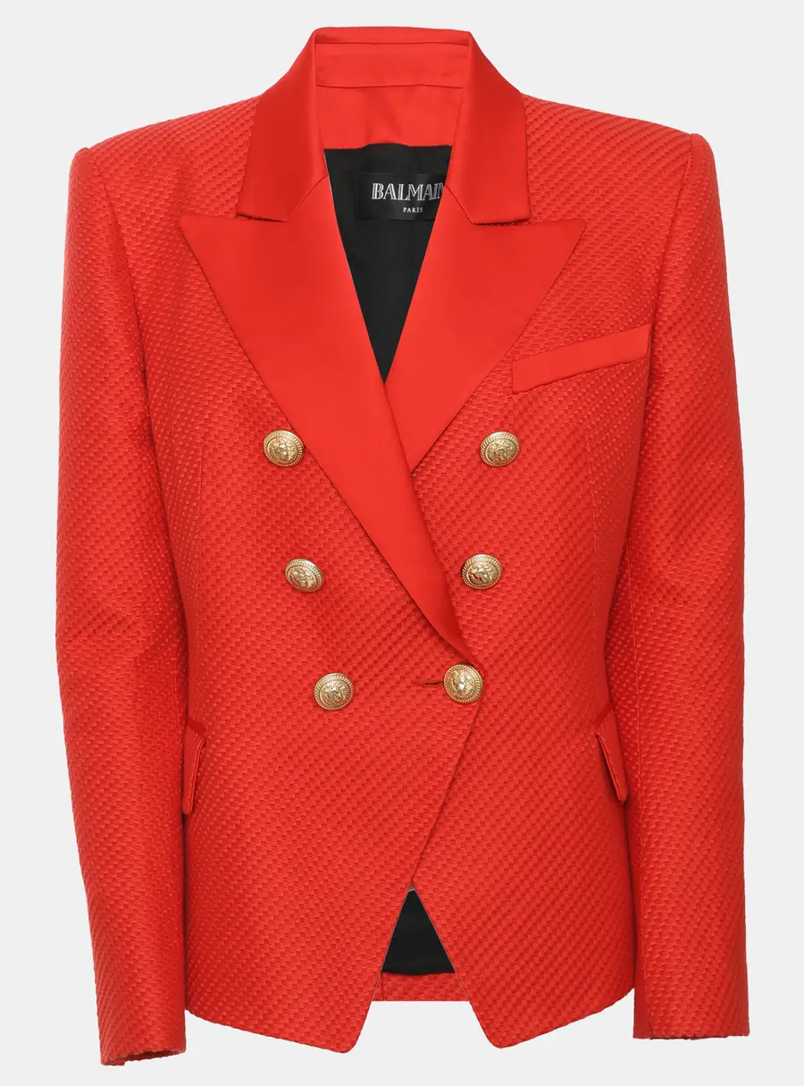 Balmain Red Textured Cotton and Silk Double Breasted Blazer L