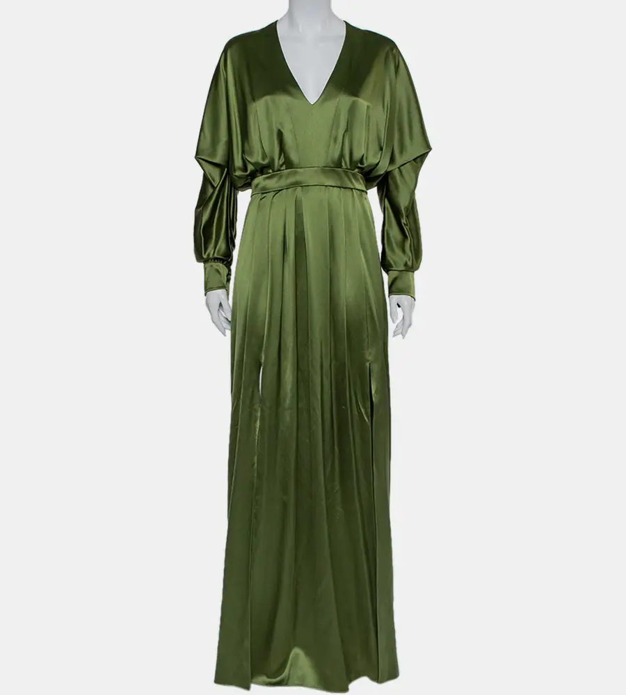 Balmain Green Silk Satin Pleated Front Slit Detail Maxi Dress S