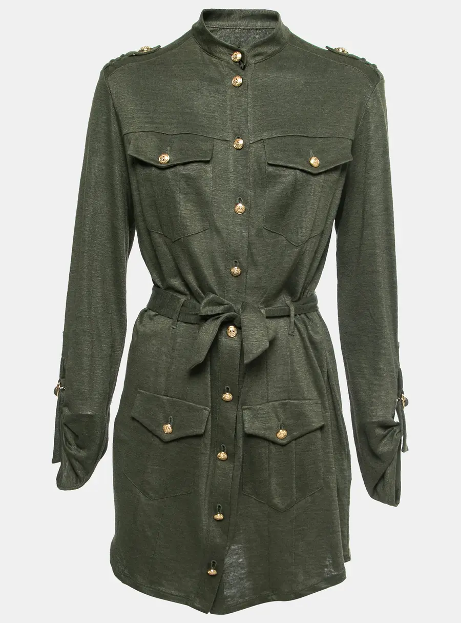 Balmain Kaki Green Knit Button-Embellished Belted Mini Dress M