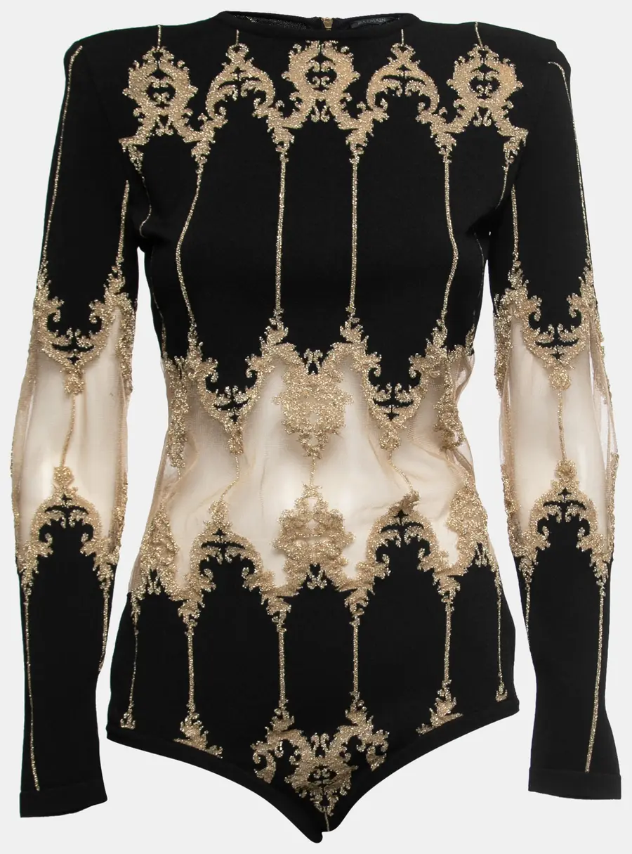 Balmain Black Stretch-Knit Metallic Tulle Paneled Bodysuit L