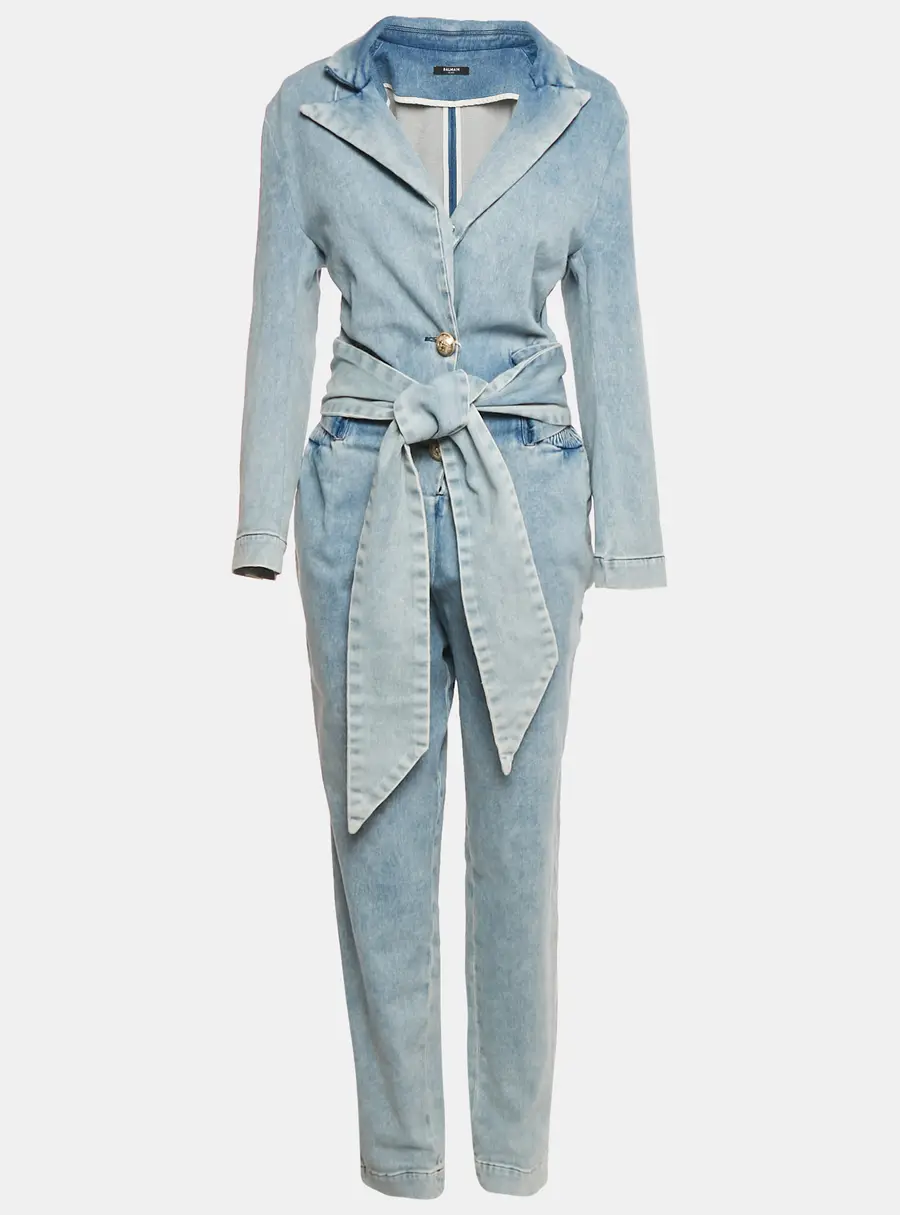 Balmain Paris Blue Denim Belted Jumpsuit L
