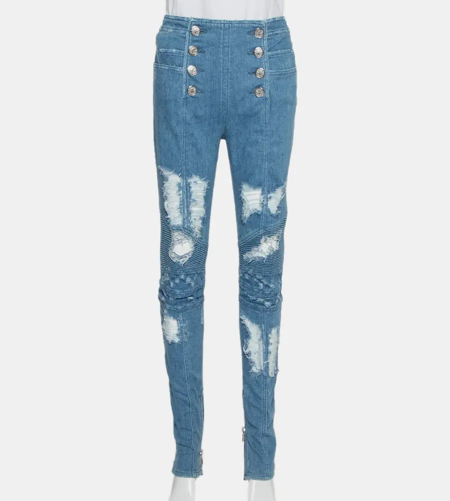 Balmain Blue Denim High Waist Distressed Jeans M