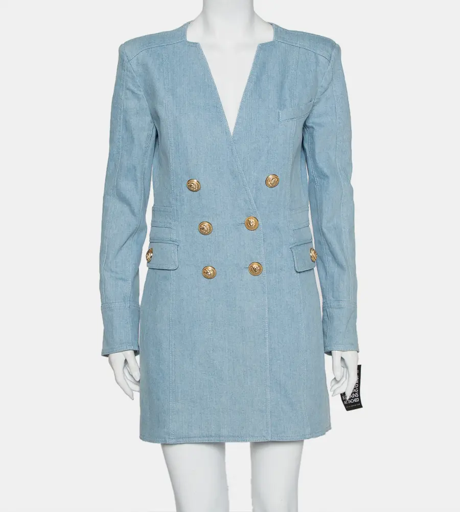 Balmain Blue Denim Double Breasted Mini Dress L