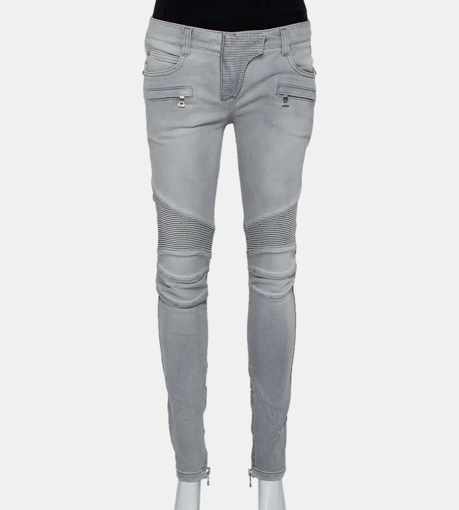 Balmain Grey Denim Biker Jeans M