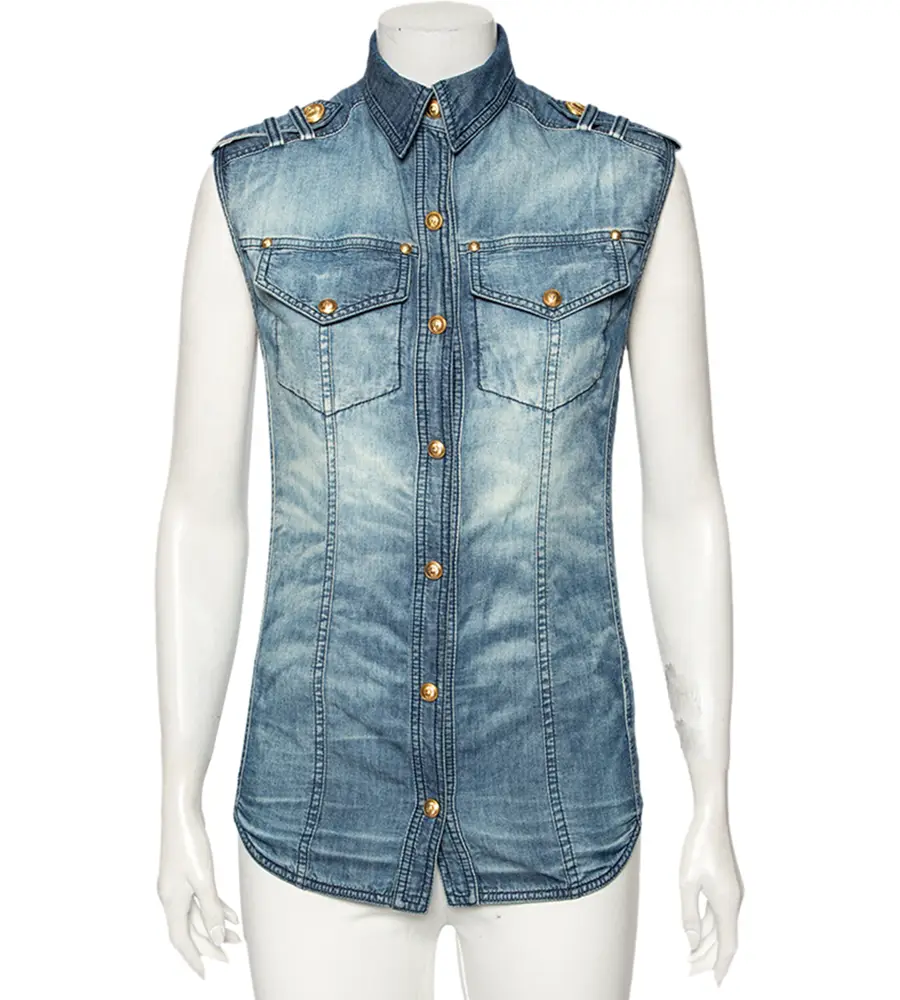 Balmain Blue Faded Effect Denim Pocket Detailed Button Front Sleeveless Shirt S