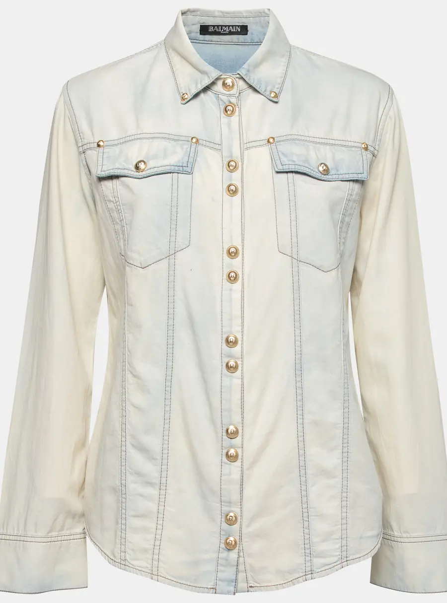 Balmain Bleached Blue Denim Long Sleeve Button Front Shirt M