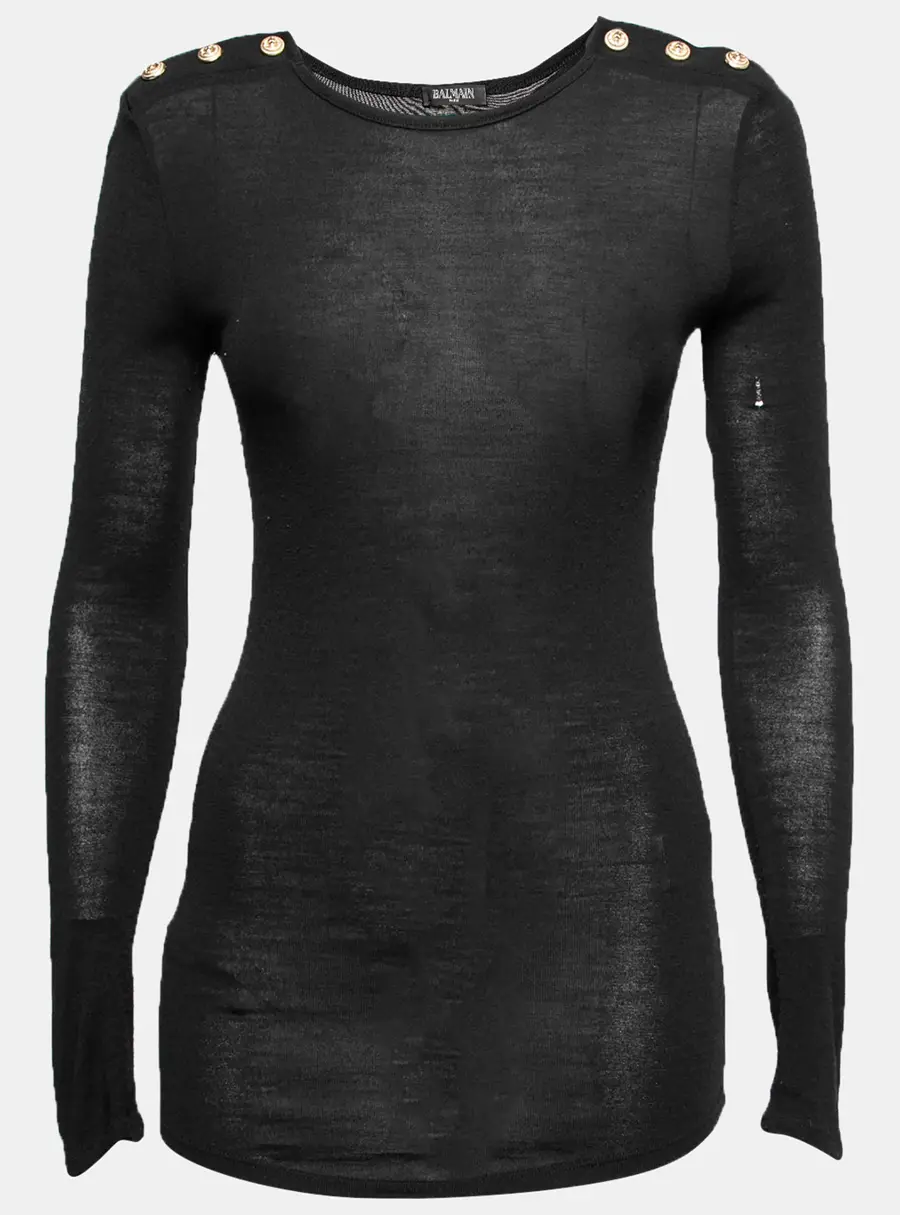 Balmain Black Wool Button Detail Long Sleeve Sweater M
