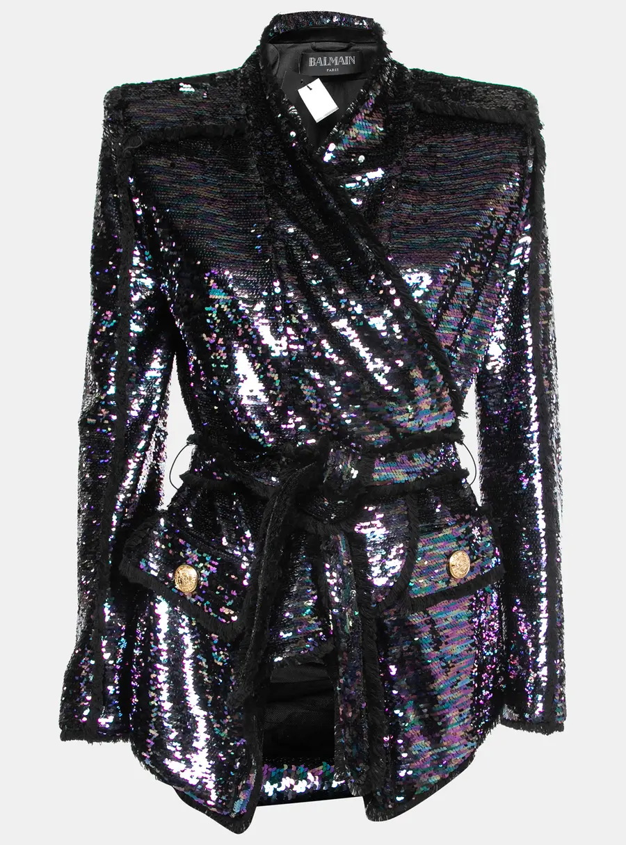 Balmain Purple Sequined Frayed Belted Blazer M