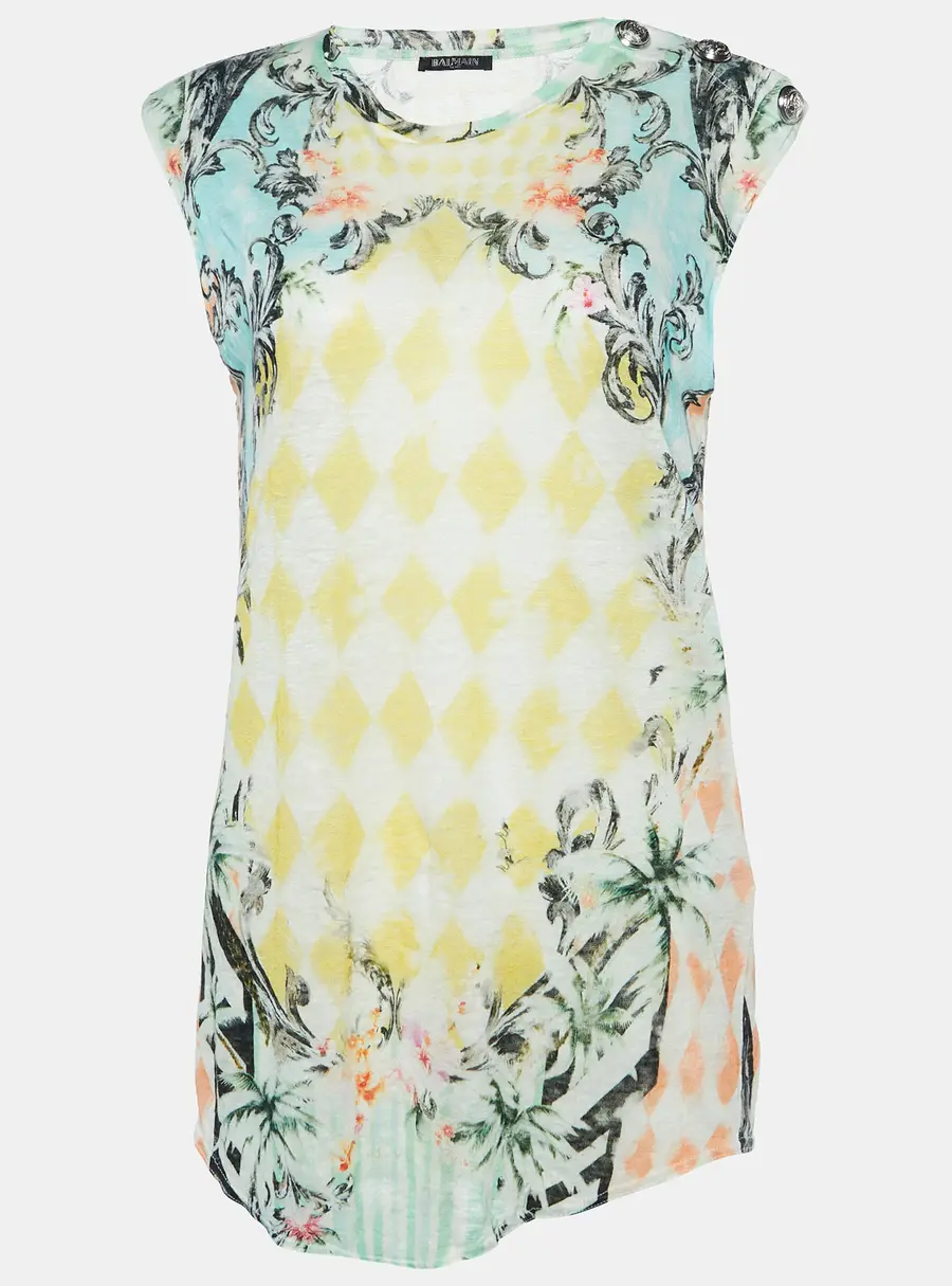 Balmain Multicolor Floral Print Linen Jersey Tank Top M