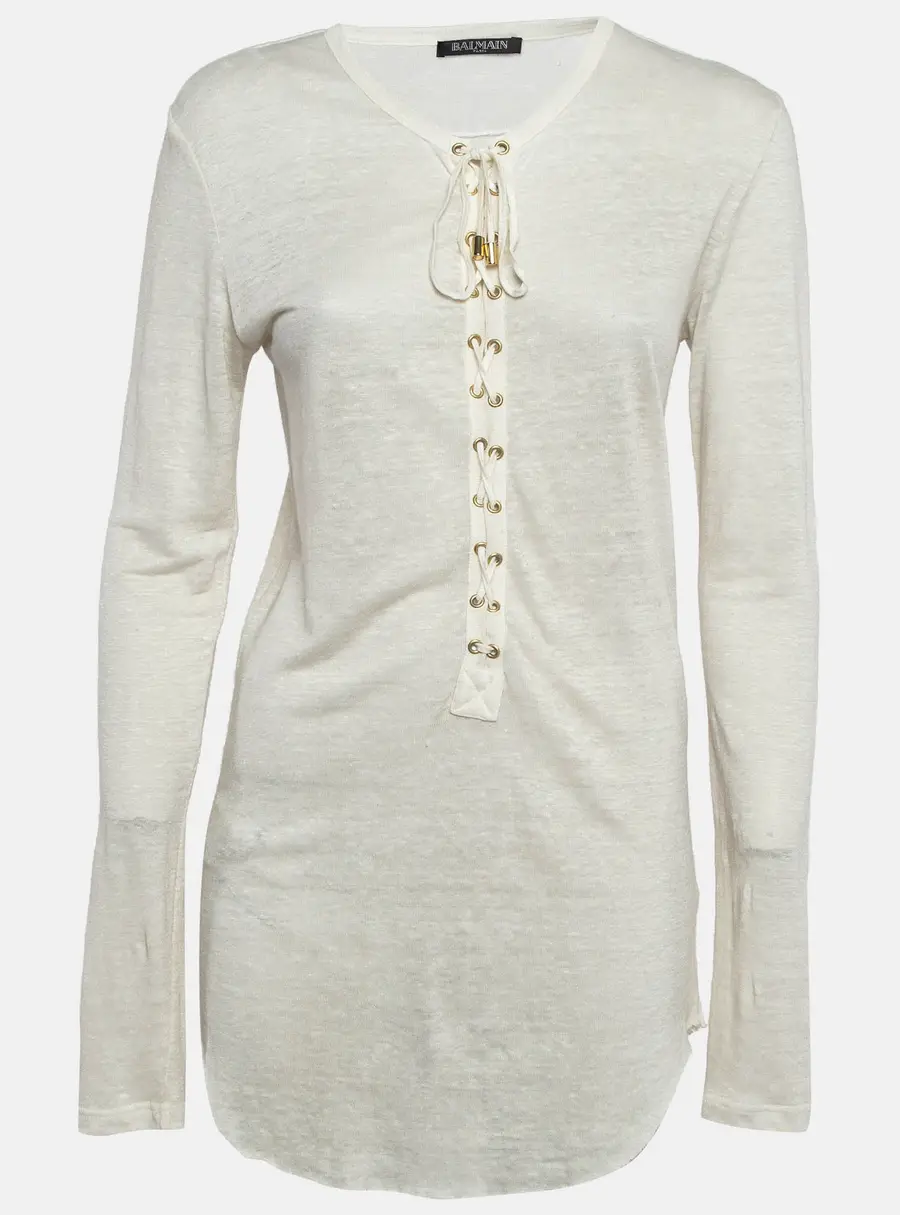 Balmain Off-White Linen Knit Lace-Up Top M