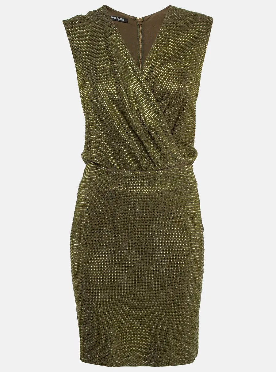 Balmain Green Embellished Jersey V-Neck Sleeveless Dress M