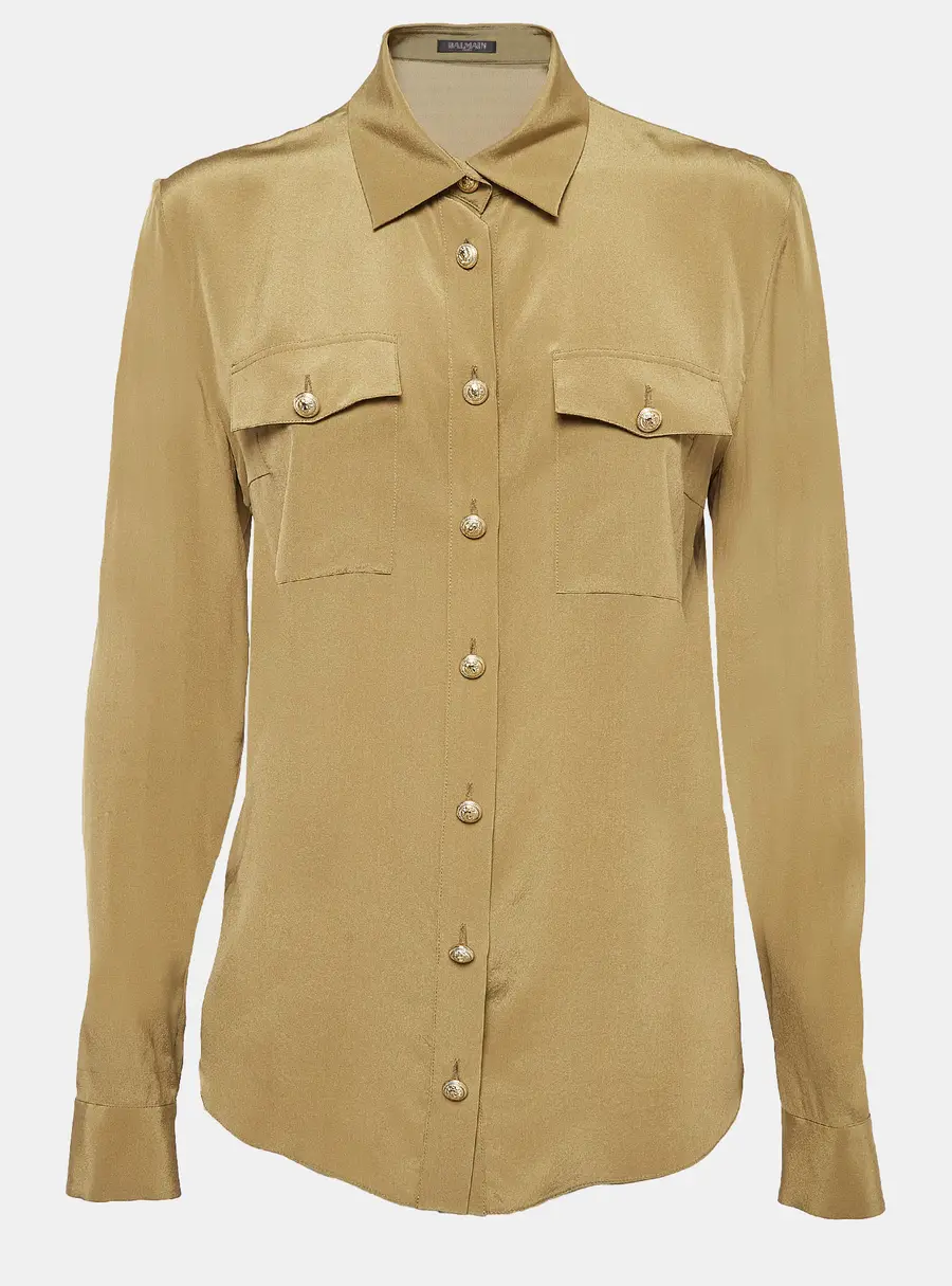 Balmain Green Silk Long Sleeve Shirt M