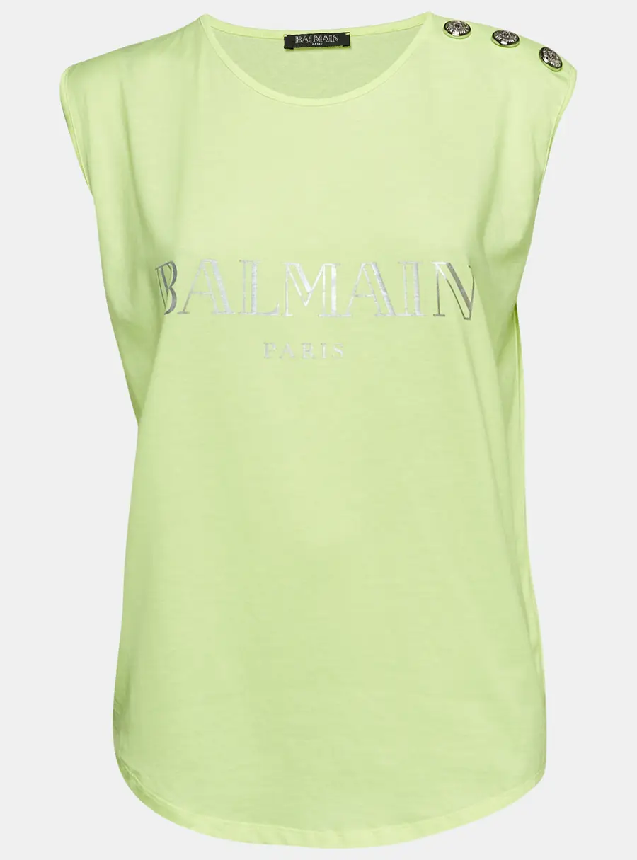 Balmain Fluorescent Green Logo Print Jersey Sleeveless T-Shirt M
