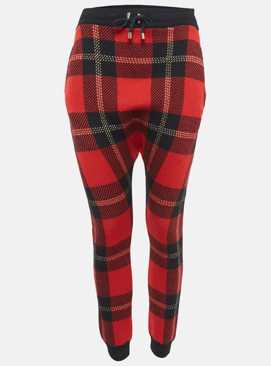 Burberry Red Tartan Lurex and Wool Wool Knit Sweatpants XS