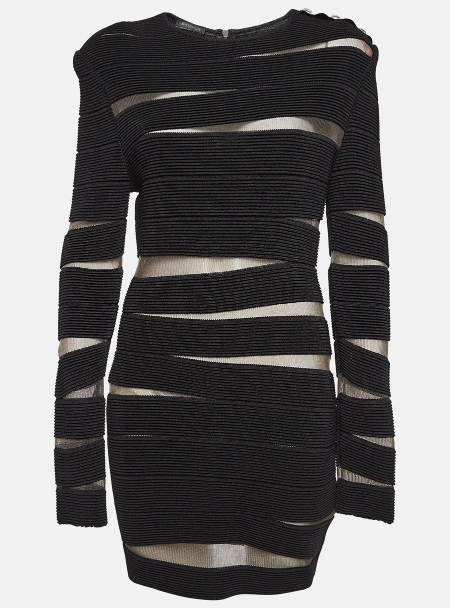 Balmain Black Open Knit Long Sleeve Mini Dress L