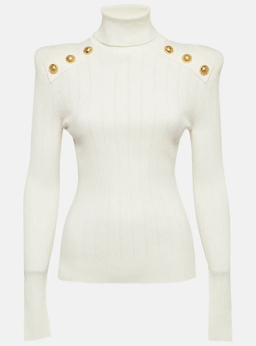 Balmain White Rib Knit Structured Shoulders Turtleneck Sweater M