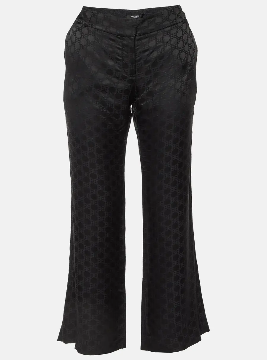 Balmain Black Logo Jacquard Silk Blend Palazzo Pants L