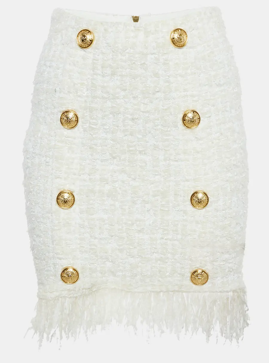 Balmain White Tweed Button Detail Pencil Skirt M
