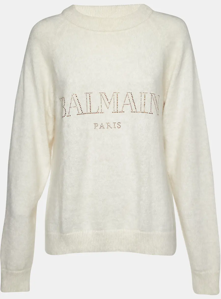 Balmain Cream Crystal Logo Embellished Wool Knit Sweater M