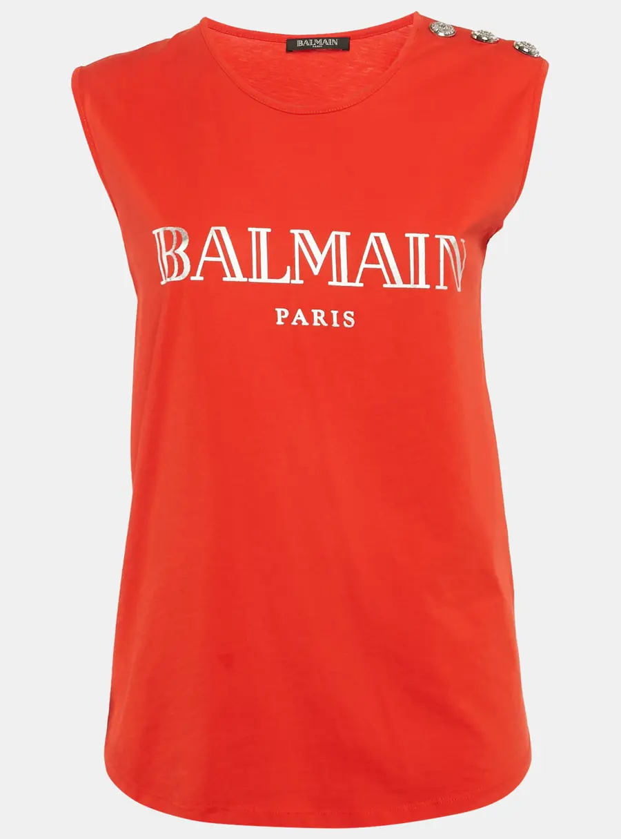 Balmain Red Logo Print Cotton Knit Button Front Sleeveless S