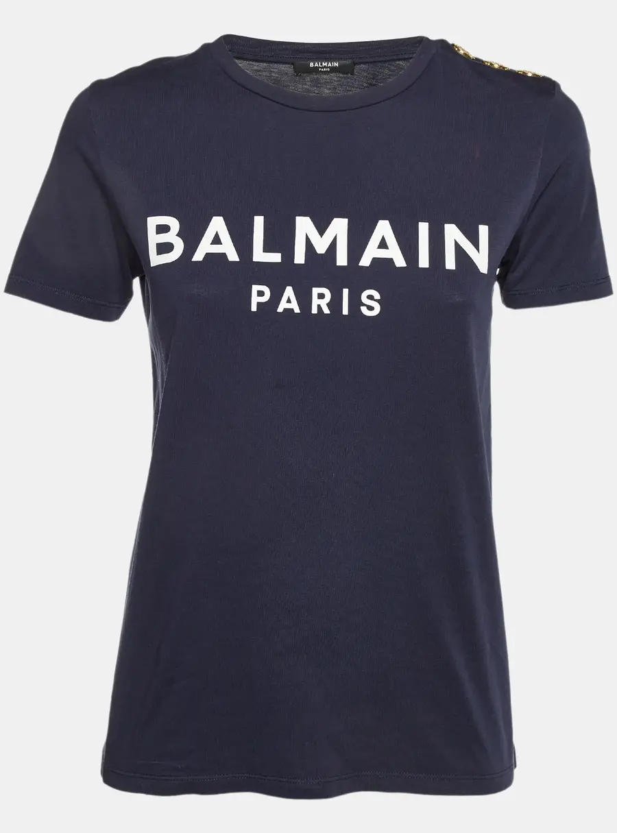 Balmain Blue Logo Printed Cotton Buttons Detail Half Sleeve T-Shirt XS