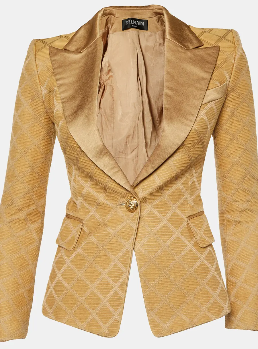 Balmain Beige Diamond Pattern Cotton & Silk Tailored Blazer S