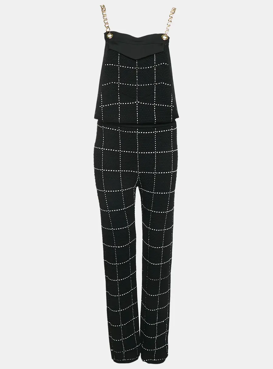 Balmain Black Patterned Knit Chain Strap Detail Jumpsuit M