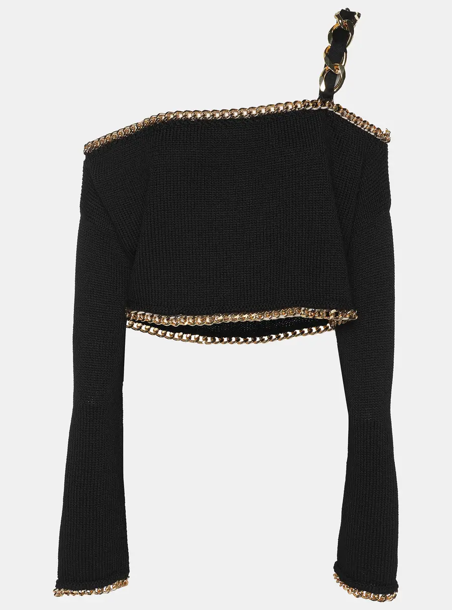 Balmain Black Rib Knit Chain Trim Off The Shoulder Crop Top M