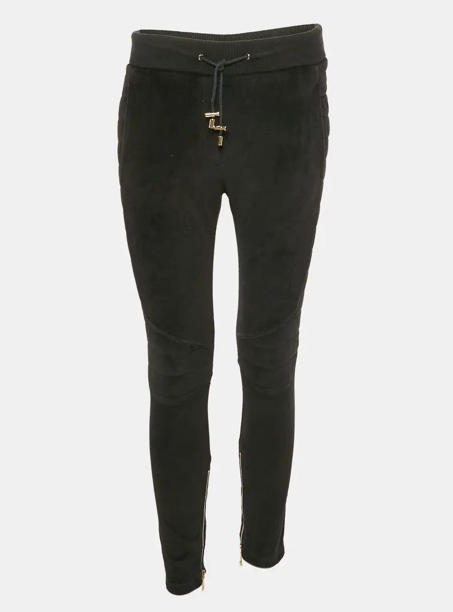 Balmain Black Velour Quilted Detail Pants S