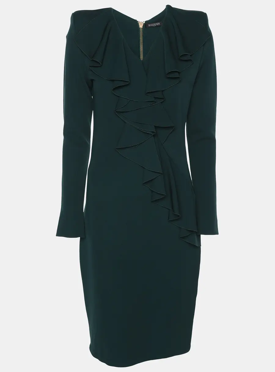 Balmain Green Crepe Ruffle Midi Dress M